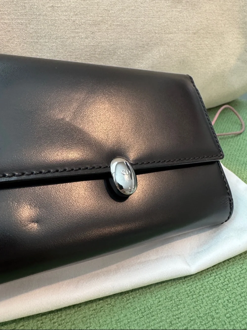 Dior Black Leather Trifold Wallet with Silver-Tone Closure